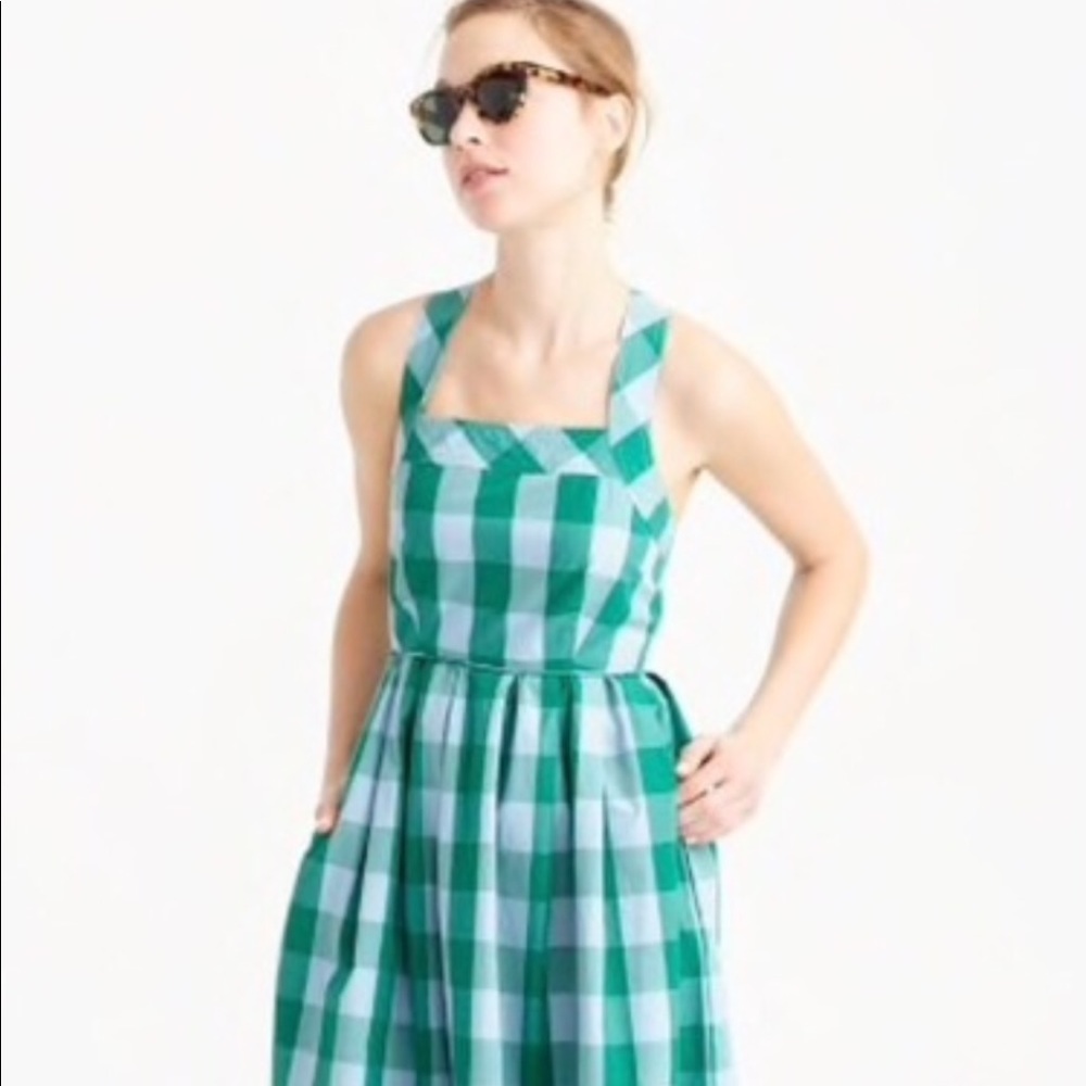 J. Crew Green and Light Blue Gingham Midi Dress